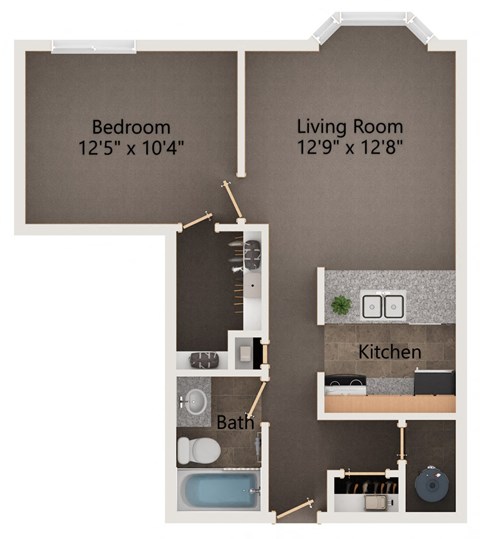 Floor plan for 1 bed, 1 bath, 601 sqft